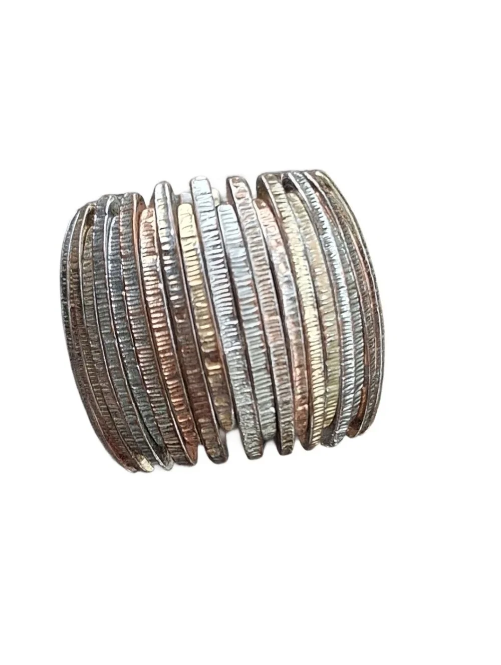 Tri Tone Mixed Metal Stretch Ring Wide Textured Ribbed Segment Statement Band